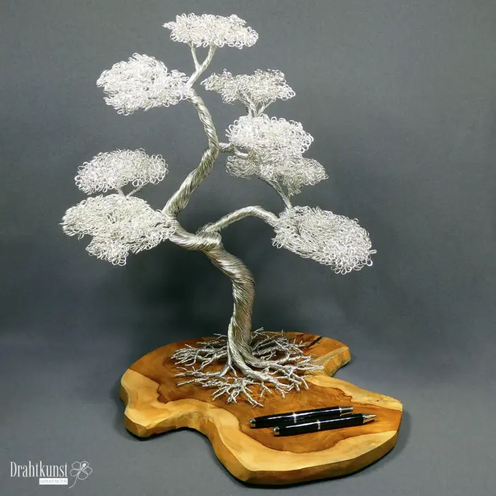 Drahtkunst Drahtbaum Bonsai dekorativ und edel hochwertiges Unikat mit Teakholz