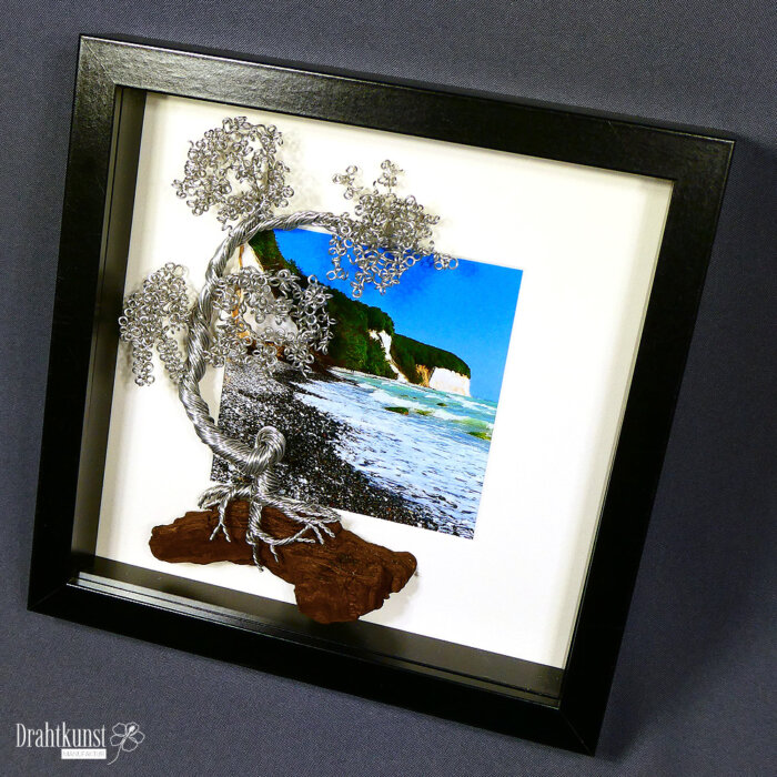 Drahtbaum Kunst Aluminiumfarben Bonsai in 3D Bilderrahmen 0419-2501-048