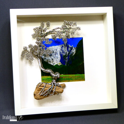 Drahtbaum Kunst Aluminiumfarben Bonsai in 3D Bilderrahmen