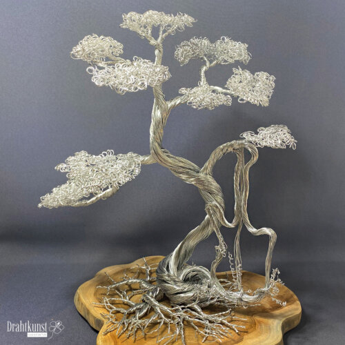 Melodie der Stärke: ein aus silberfarbenem Aluminiumdraht hergestellter Drahtbaum, der auf einer Teakholz-Baumscheibe thront